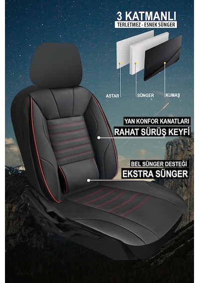 Stone Üniversal Deri Oto Koltuk Kılıfı - Bel Destekli - 5 Koltuk Tam Set Kırmızı