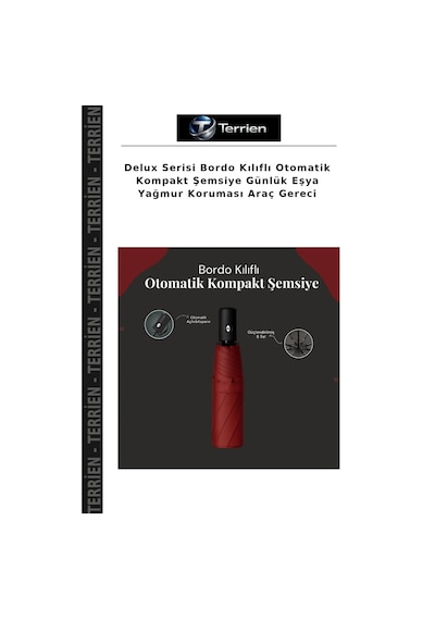 Terrien Delux Serisi Bordo Kılıflı Otomatik Kompakt Şemsiye Günlük Eşya Yağmur Koruması Araç Gereci Çok Renkli