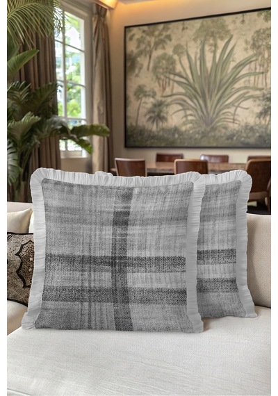 Ekose Gümüş Şık Saçaklı Yastık Kılıfı - Soyut Geometrik İskandinav Gri Krem Püsküllü Kırlent Kılıfı Gizli Sahil Serenat