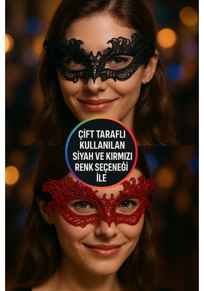 Çift Taraflı Siyah Kırmızı Dantelli Maske Özel Tasarım Parti Aksesuar Model - 8