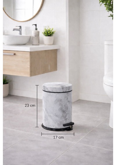 Beyaz Mermer Desenli 2'li Banyo Seti - Metal Çöp Kovası 3 Lt Ve Wc Fırçası Takımı Beyaz