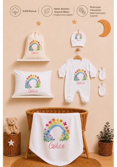 Pia Baby Kız Bebek %100 Pamuk Hediye Seti 6 Lı İsimli Keseli Tulum Şapka Eldiven Battaniye Ve Yastık Kılıfı 1060tybk0x Krem