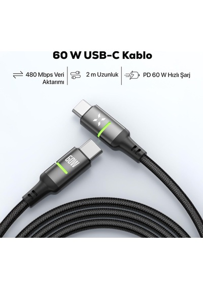 Type C Hızlı Şarj Kablosu Type-c To Type-c 60w 480 Mpbs 2m Pd Örgü Led Göstergeli X6422