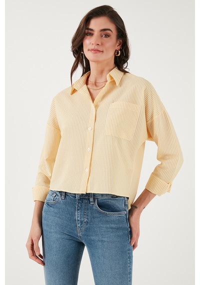 Lela Regular Fit Çizgili Göğüs Cepli Dokulu Bayan Gömlek 6772870 Sarı