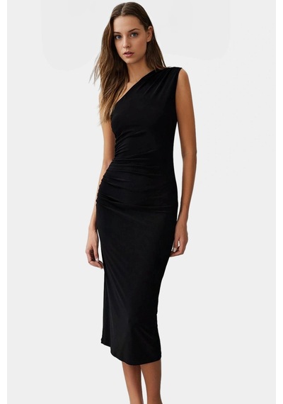 Ersefa Bodycon Midi Elbise Kolsuz Tek Omuz Örme Kumaş Günlük Şık Dayanık Siyah