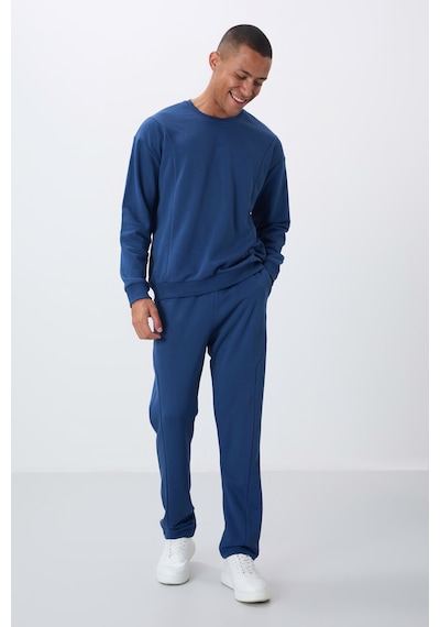 Tommy Life Parlament Kompakt Pamuklu Kalın Pürüzsüz Dokulu O Yaka Comfort Fit Erkek Eşofman Takım -85263 Mavi