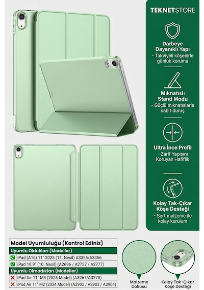 İpad 11. Nesil A16 Ve 10. Nesil 10.9" Uyumlu Kılıf A3355 A2696 Ultra İnce Standlı Kapak Açık Yeşil Kapaklı Kılıf