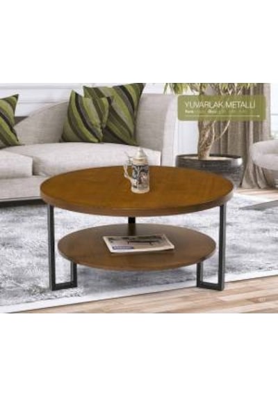 Orta Sehpa Osm YUVARLAK METALLİ MODEL Metal Ayak Parlak Ceviz Lake Boya Demonte El Yapım
