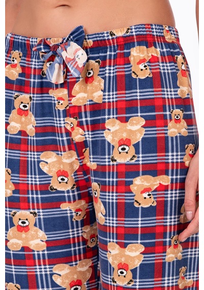 Kompedan Kadın Süet Kareli Ayıcık Desenli Pijama Tek Alt Desen 3