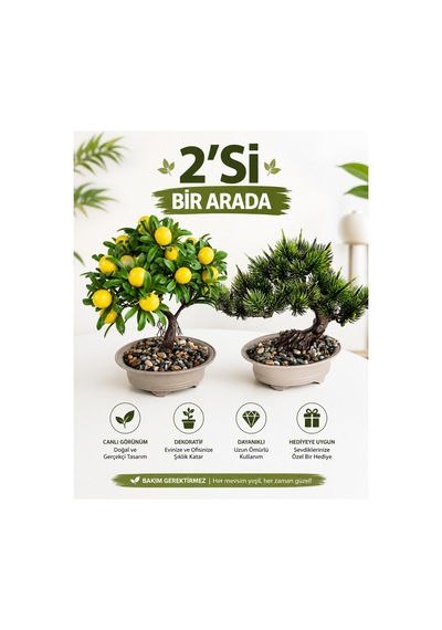 2'li Yapay Bonsai Ağaç Seti Yapay Limon Ağacı + Yapay Çam Bonsai Yeşil Yeşil