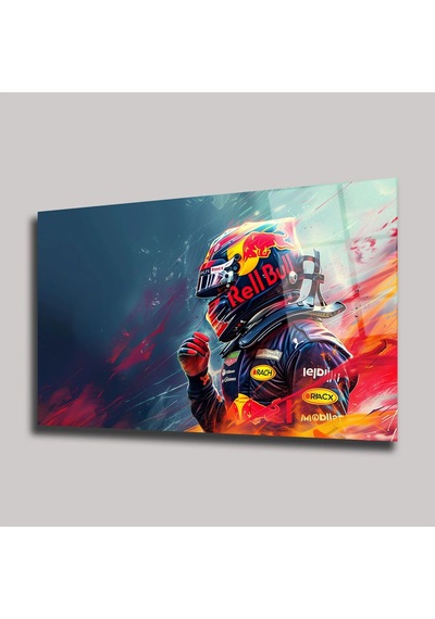 Red Bull F1 Yarış Pilotu Ve Renkli Kask Cam Tablo Yatay Deg0334