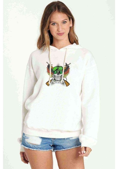 Spot 4 Kill Skull Kurukafa Baskılı Beyaz Kadın Kapşonlu Sweatshi