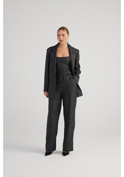 Holly Lolly Oversize Kesim Simli Çizgili Eden Blazer Ceket Siyah