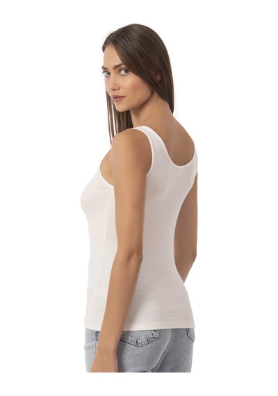 Özkan Underwear Özkan 27063 Kadın Pamuklu Likralı Kaşkorse Fitilli Esnek Rahat Önü Patlı Kalın Askılı Örme Atlet Ekru