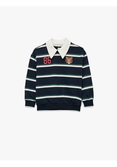 Koton Kaplan Baskılı Uzun Kollu Çizgili Polo Yaka Sweatshirt Lacivert Çizgili 7wmb10057tk
