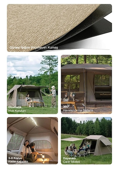 8 Kişilik 4 Mevsim Su Geçirmez Gölgeli Kamp Çadırı 210d Oxford Kumaş 13m2 395x275x220 Cm Bej
