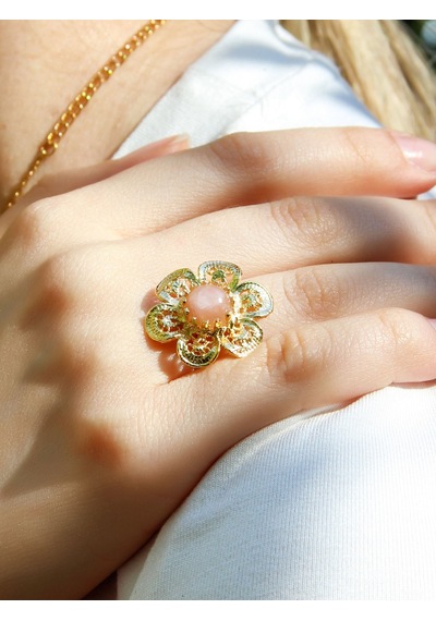 Esha Store Doğal Taş Pembe Kuvars Doğal Taşlı Çiçek Model Telkari Kadın Ayarlanabilir Altın Kaplama Yüzük Euy59 Pembe