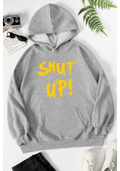 Uyguntarz Unisex Shut Up Baskılı Sweatshirt Gri