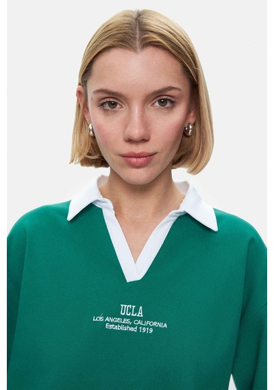 Polly Yeşil Polo Yaka Nakışlı Loose Fit Kadın Tshirt Yeşil