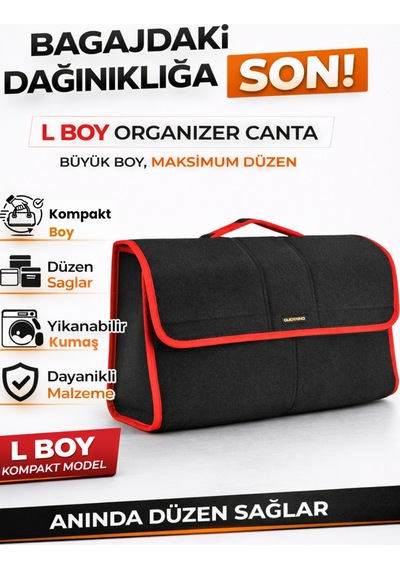 Oto Bagaj Organizer Bagaj Çantası L Boy Kaymaz Cırt Bantlı Velur Kompakt - Siyah Kırmızı