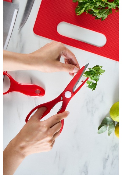 Karaca Sharp 6 Parça Kesme Tahtalı, Makaslı Bıçak Seti Kırmızı Kırmızı