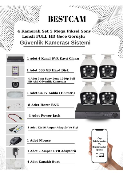 4 Kameralı Set 5 Mp Sony Lensli Full Hd Kamera Seti 500 Gb Hdd