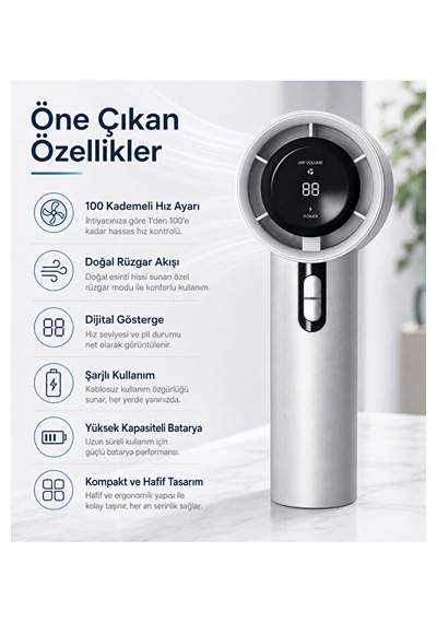 100 Kademeli Dijital Göstergeli Şarjlı El Tipi Fan Taşınabilir Mini Masaüstü Fan Gri