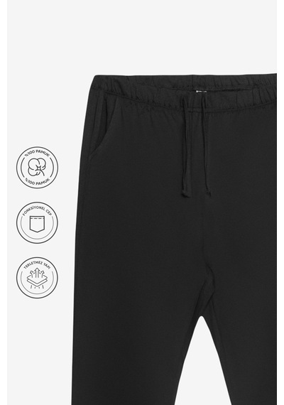 Elemge %100 Pamuk Compact Penye Süprem Kadın Pijama Altı Cepli Regularfit Manşet Paça Esnek Siyah Terletmez
