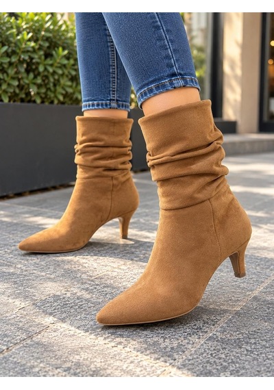 Asmi Shoes Kadın Gina Taba Körüklü 6 Cm Topuklu Sivri Burun İnce Topuk Yarım Boy Çizme