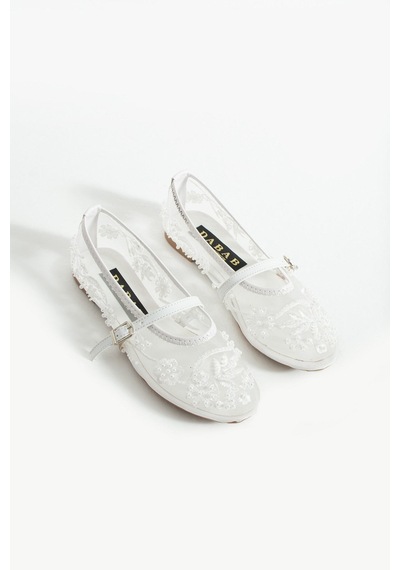 Dabab Shoes Flora Kadın Beyaz İnci İşlemeli Tül Dokulu Bantlı Babet Düz Ayakkabı