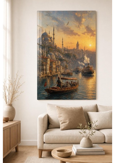 İstanbul Boğazı Desenli Baskılı Cam Tablo Osmanlı Şehir Manzarası Uv Baskı