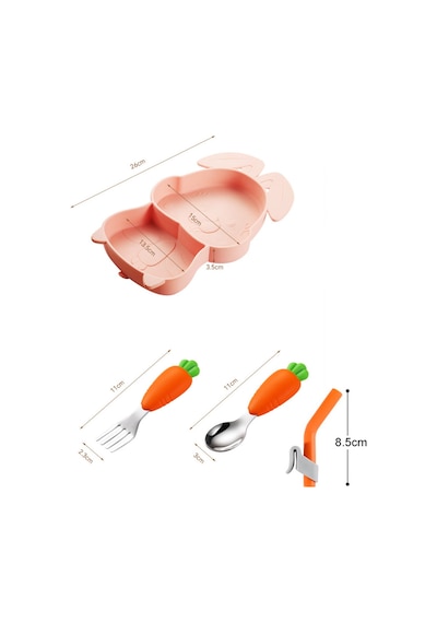 Pembe Vakumlu Silikon Mama Tabağı, Silikon Saplı Metal Uçlu Çatal Ve Kaşık Tavşan Figürlü