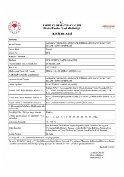 Agrosin Spica 13.24.12 + 10 So3 + Me Organomineral Granül Gübre 2 Kg