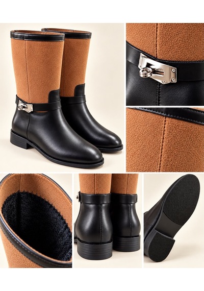 Dabab Shoes Frost Kadın Taba Cilt Ve Deri Tozu Garnili Metal Toka Detaylı Sıcak Astarlı Kaymaz Taban 3 Cm Topuklu Orta Konç Çizme