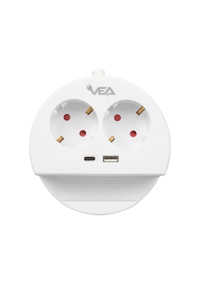 Vea Ve-g1102c Yuvarlak Grup Priz 2'li Usb + Type-c Girişli Telefon Standlı 1.5 Metre 1,5 m