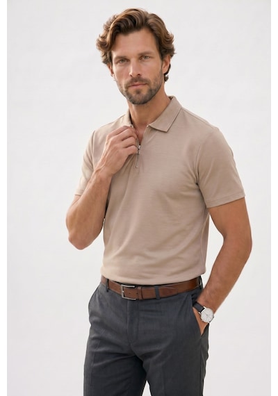 Tudors Erkek Slım Fit Dar Kesim Ekstra Soft Modal Kumaş Kısa Kollu Yarım Fermuarlı Bej Polo Yaka Tişört-51038