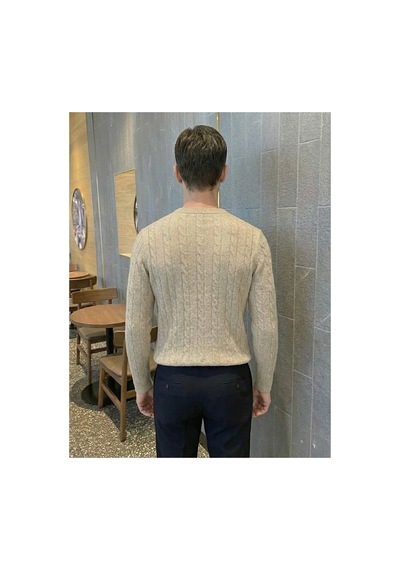 Cool Tarz Erkek Bisiklet Yaka Slim Fit Saç Örgülü Triko Kazak Bej Bej