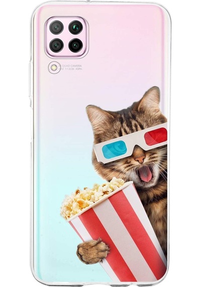 Huawei P40 Lite İle Uyumlu 1mm Slim Fit Kedi 1 050b Baskılı Şeffaf Kılıf Şeffaf
