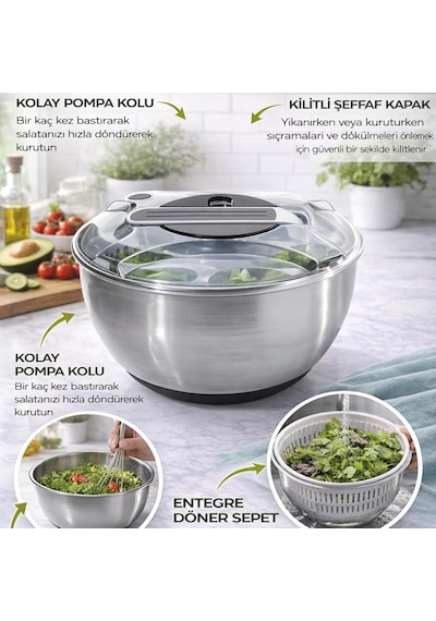 Paslanmaz Çelik Salata Kurutucu Salad Spinner Kapaklı Süzgeç Sepetli, Kaymaz Taban, Hızlı K Kahverengi