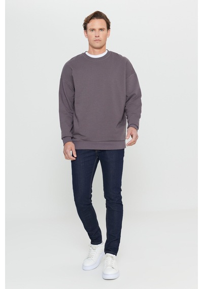 Ac&co / Altınyıldız Classics Erkek Koyu Gri Oversize Bol Kesim 3 İplik Bisiklet Yaka Pamuklu Sweatshirt