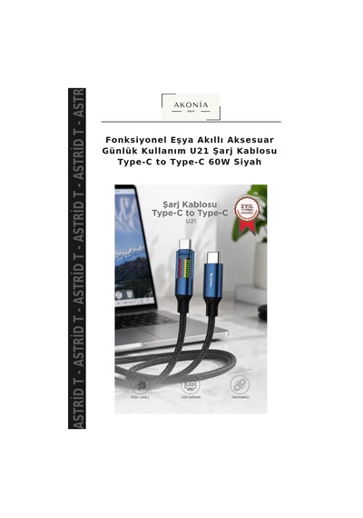 Fonksiyonel Eşya Akıllı Aksesuar Günlük Kullanım U21 Şarj Kablosu Type-c To Type-c 60w Siyah