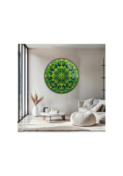 Bohem Yeşil Modern Mandala Tasarım Desenli Yuvarlak Dekoratif Cam Tablo Bohem Temalı Dekoratif Duvar Tablosu, Salon, Yatak Odası Ve Çalışma Alanı Dekoru, 80x80 Cm
