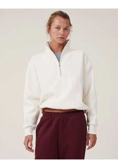 Etiler Collection Oversize Yarım Farmuarlı Yakalı Basic Sweatshirt - Beyaz