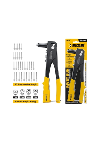 Sgs 1043 Profesyonel Perçin Tabancası Seti 9.5" 4 Farklı Başlık Ve 30 Yedek Perçin