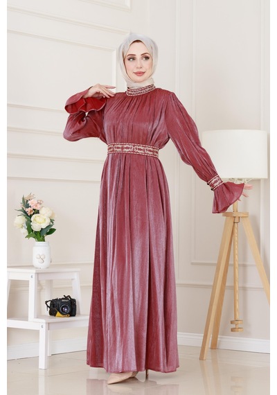 Kolu Volanlı Nakış Detaylı Abiye-bordo-4959