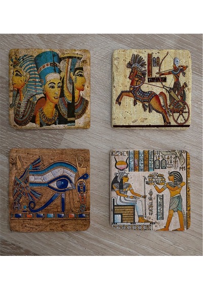 Hathor Ra'nın Gözü Horus Ramses Ve Firavunlar Doğal Taş Bardak Altlığı 4'lü Set - Natural Stone Coasters - Taş Çok Renkli