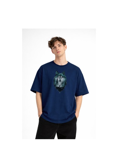 Misa Tahtakale Wolf - Oversize Erkek Tişört Koyu Mavi Çok Renkli