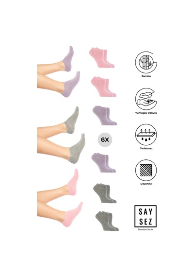 Saysez Bambu Kadın Sneaker Gri-pembe-lila Çorap Dikişsiz Görünmez Bilekte Spor Çorap Premium 6'lı Paket Renkli