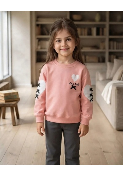 Roya Kız Çocuk Somon Sweatshirt Kalpli Detaylarla