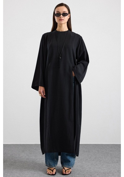Olcay Derin Yırtmaçlı Oversize Uzun Tunik Siyah 9838